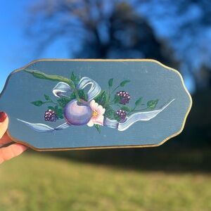 vtg 1999 hand painted Signed wood plaque Blueberry/blackberry Purple 11x5